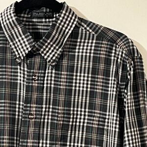 Single Needle Tailoring Mens Black Plaid Long Sleeve Button Down Shirt Large